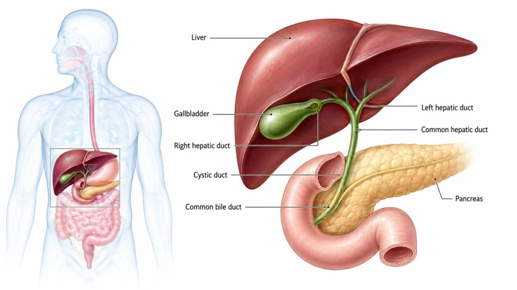 Anatomical diagram showing the liver, gallbladder, bile ducts, and pancreas